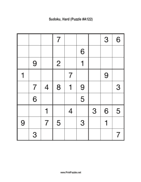 Sudoku - Hard A122 Printable Puzzle