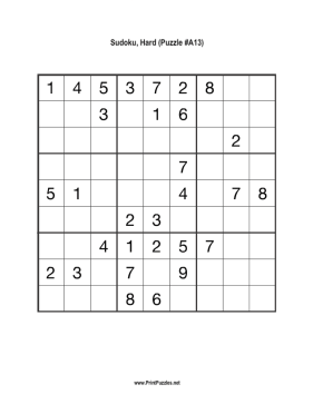 Sudoku - Hard A13 Printable Puzzle