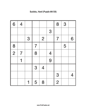 Sudoku - Hard A130 Printable Puzzle