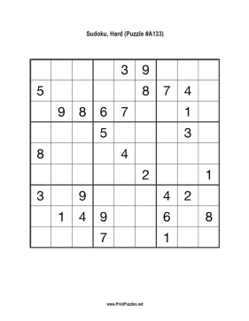 Sudoku - Hard A133 Printable Puzzle