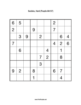 Sudoku - Hard A137 Printable Puzzle