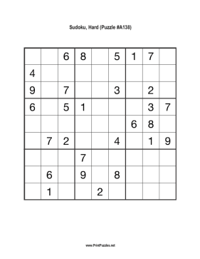 Sudoku - Hard A138 Printable Puzzle