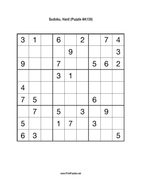 Sudoku - Hard A139 Printable Puzzle