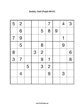 Sudoku - Hard A141 Printable Puzzle