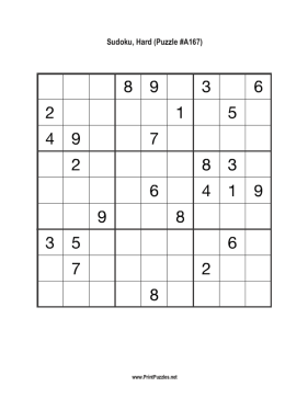Sudoku - Hard A167 Printable Puzzle