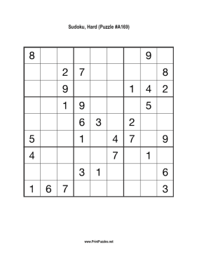 Sudoku - Hard A169 Printable Puzzle