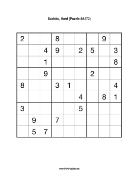 Sudoku - Hard A172 Printable Puzzle