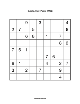 Sudoku - Hard A182 Printable Puzzle