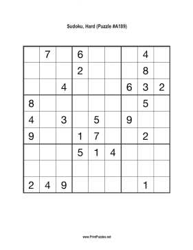 Sudoku - Hard A189 Printable Puzzle
