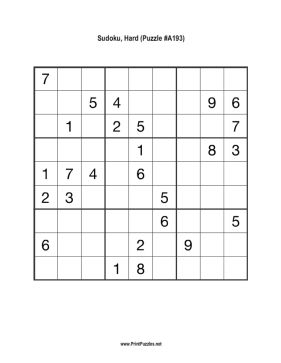 Sudoku - Hard A193 Printable Puzzle