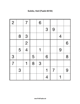 Sudoku - Hard A194 Printable Puzzle