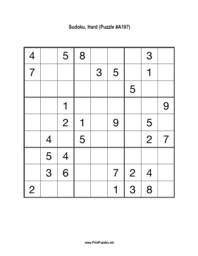 Sudoku - Hard A197 Printable Puzzle