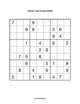 Sudoku - Hard A204 Printable Puzzle
