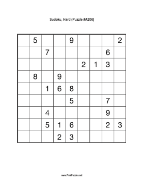 Sudoku - Hard A206 Printable Puzzle