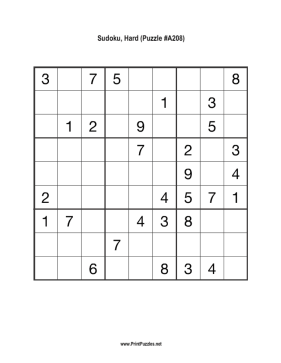 Sudoku - Hard A208 Printable Puzzle