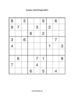 Sudoku - Hard A21 Printable Puzzle