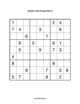 Sudoku - Hard A211 Printable Puzzle