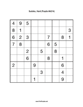 Sudoku - Hard A214 Printable Puzzle