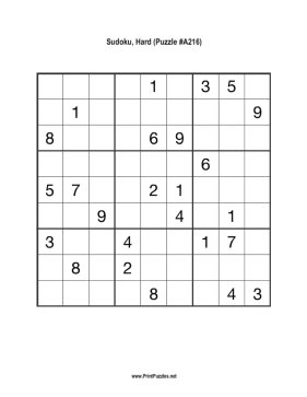 Sudoku - Hard A216 Printable Puzzle
