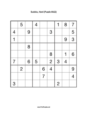 Sudoku - Hard A22 Printable Puzzle