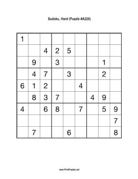 Sudoku - Hard A226 Printable Puzzle