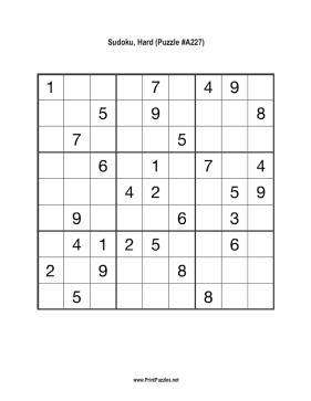 Sudoku - Hard A227 Printable Puzzle
