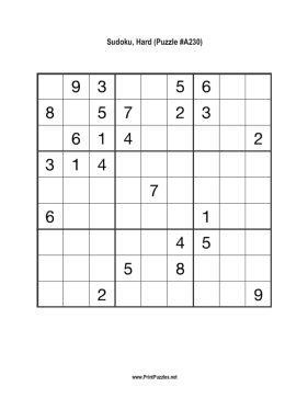 Sudoku - Hard A230 Printable Puzzle