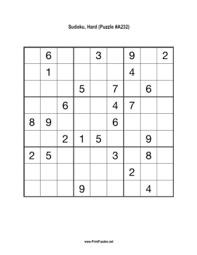 Sudoku - Hard A232 Printable Puzzle
