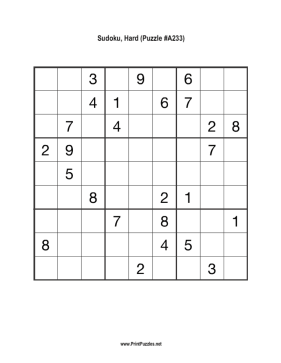 Sudoku - Hard A233 Printable Puzzle