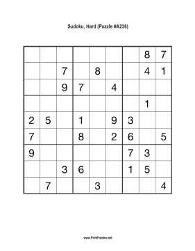 Sudoku - Hard A236 Printable Puzzle
