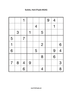 Sudoku - Hard A242 Printable Puzzle