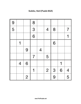 Sudoku - Hard A25 Printable Puzzle