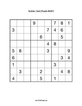 Sudoku - Hard A257 Printable Puzzle