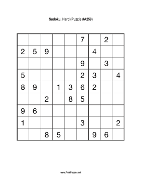 Sudoku - Hard A259 Printable Puzzle