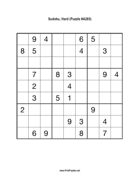 Sudoku - Hard A265 Printable Puzzle