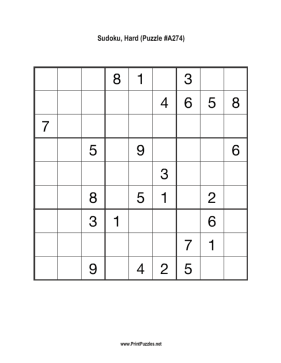 Sudoku - Hard A274 Printable Puzzle