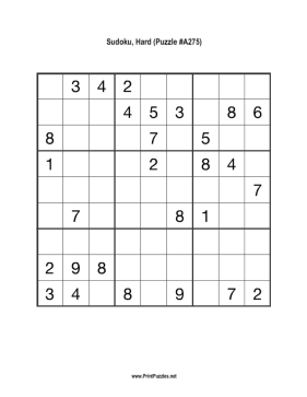 Sudoku - Hard A275 Printable Puzzle