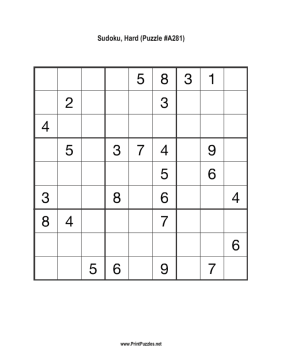 Sudoku - Hard A281 Printable Puzzle