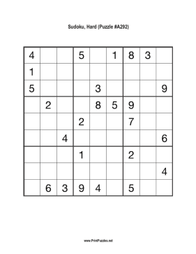 Sudoku - Hard A292 Printable Puzzle