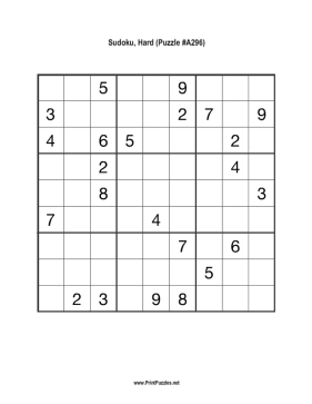 Sudoku - Hard A296 Printable Puzzle