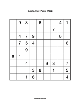 Sudoku - Hard A302 Printable Puzzle