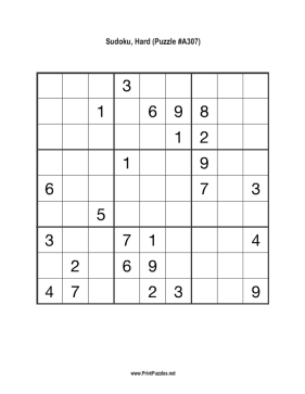 Sudoku - Hard A307 Printable Puzzle
