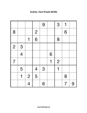 Sudoku - Hard A308 Printable Puzzle