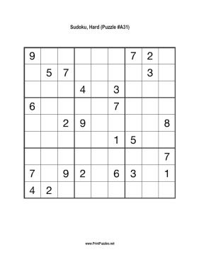 Sudoku - Hard A31 Printable Puzzle