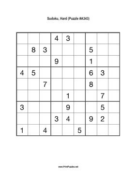 Sudoku - Hard A343 Printable Puzzle
