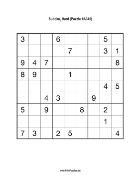 Sudoku - Hard A345 Printable Puzzle
