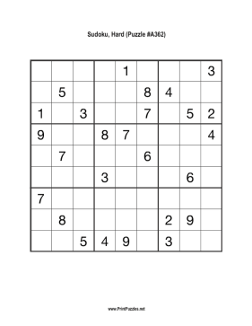 Sudoku - Hard A362 Printable Puzzle
