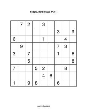 Sudoku - Hard A364 Printable Puzzle