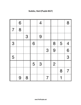 Sudoku - Hard A37 Printable Puzzle