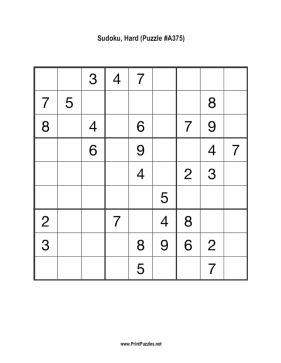 Sudoku - Hard A375 Printable Puzzle